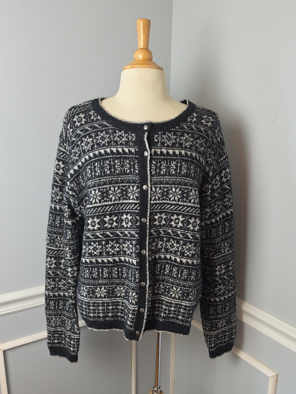 GAP Wool Blend Fair Isle Y2K Preppy Classic Button Crewneck Cardigan Sweater M